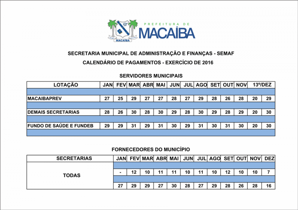Servidores da prefeitura conhecem calendário de&nbsp;pagamento