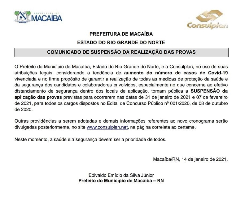 Outra vez: empresa Consulplan solicita suspensão de provas do Concurso Público de Macaíba ; Prefeito emite&nbsp;nota