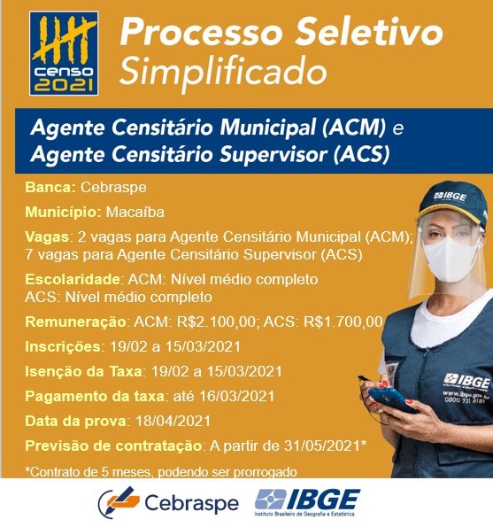 Censo Demográfico: abertas inscrições do processos seletivos para&nbsp;Macaíba