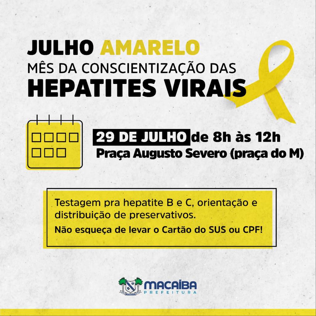 Macaíba realiza ação de testagem para hepatite B e C nesta quinta-feira (29); evento ocorre na praça Augusto Severo,&nbsp;Centro