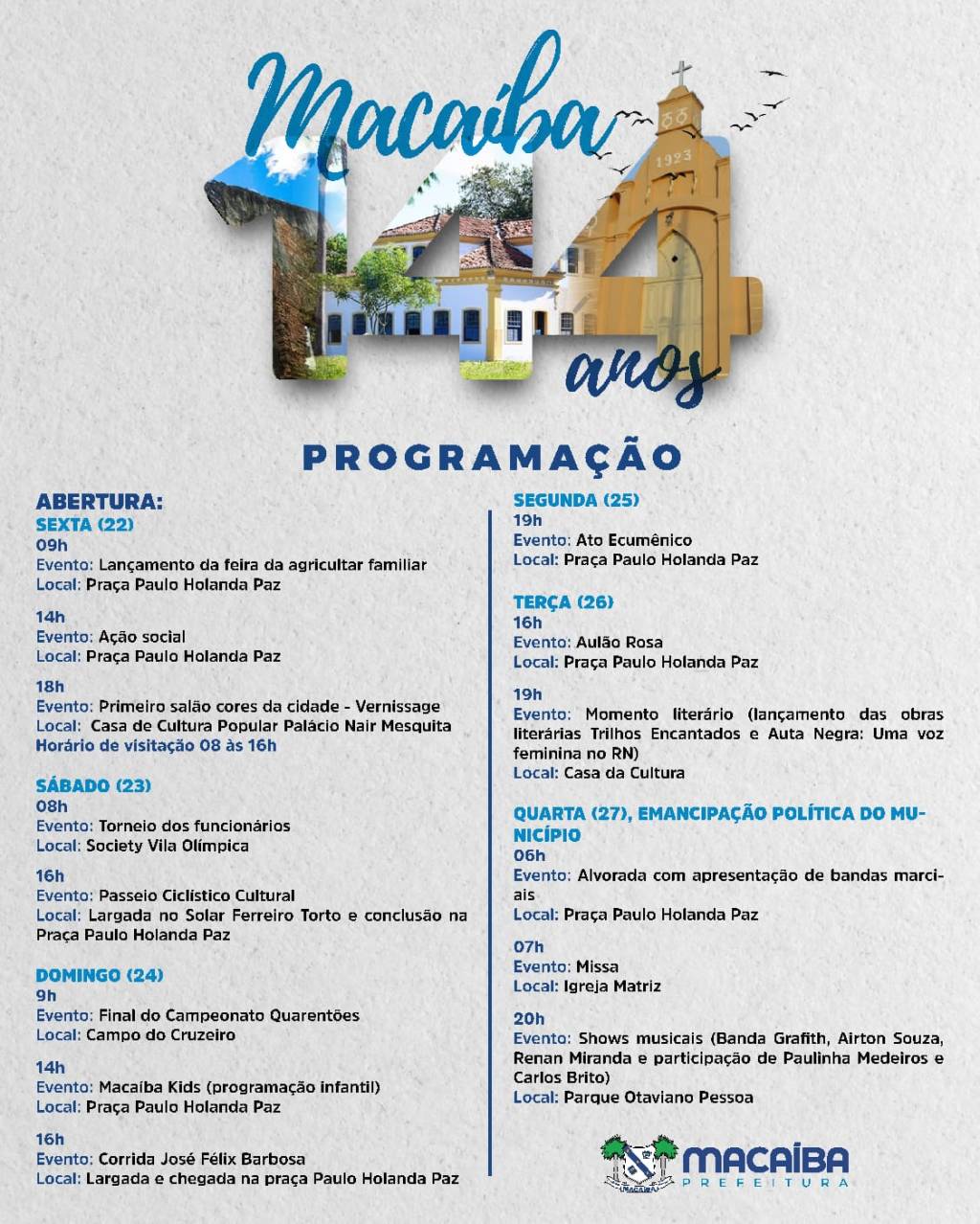 Prefeitura de Macaíba divulga programação para celebrar aniversário de 144 anos de emancipação&nbsp;política
