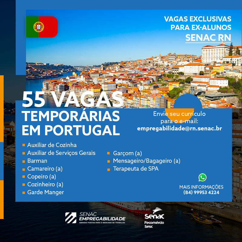 Senac Empregabilidade oferta mais de 50 vagas de trabalho em&nbsp;Portugal