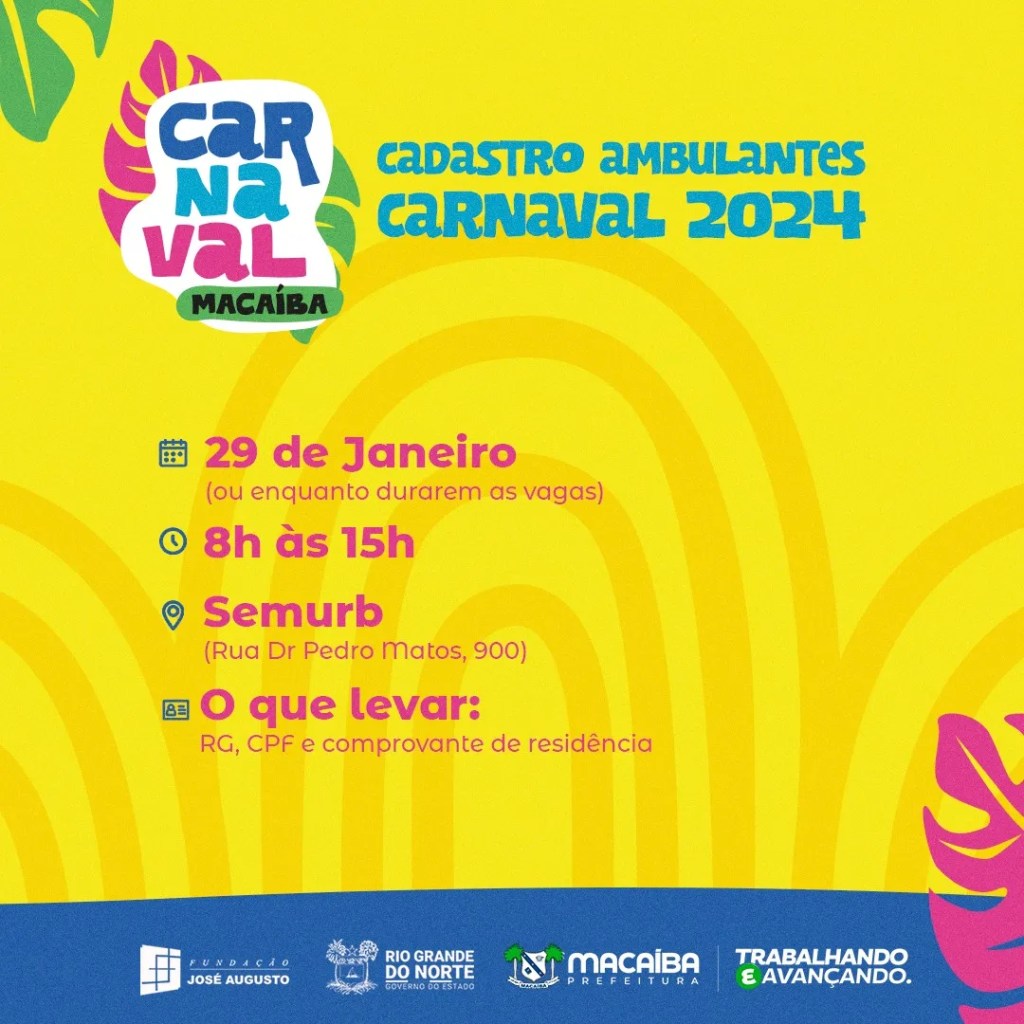 Macaíba realiza cadastro de ambulantes para o Carnaval deste ano; inscrições podem ser feitas enquanto houver vagas&nbsp;disponíveis
